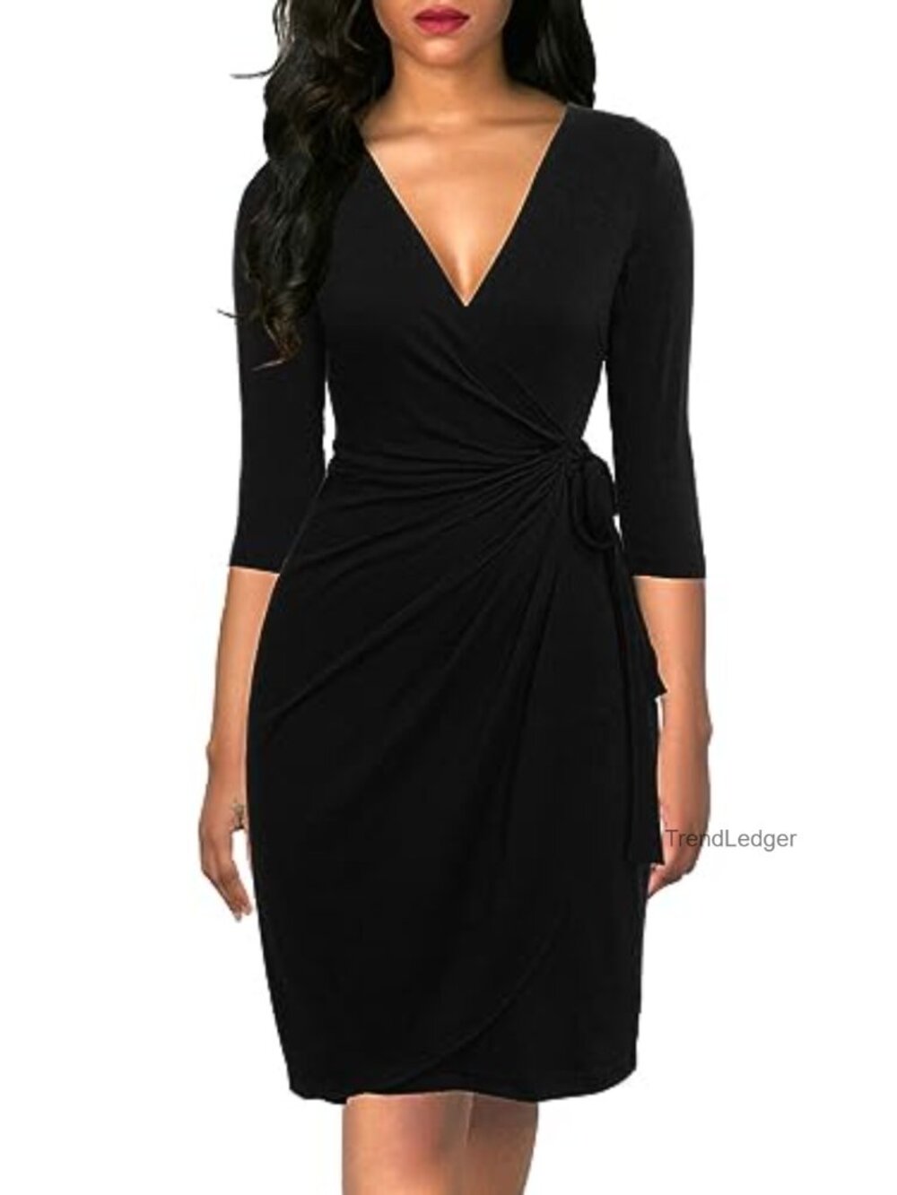 Women's 3/4 Sleeve V Neck Faux Wrap Knee-Length Dress